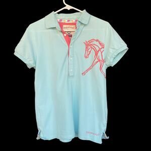 Horseware Polo Shirt Womens Large Blue Pink Embroidered Horse Equestrian Ireland